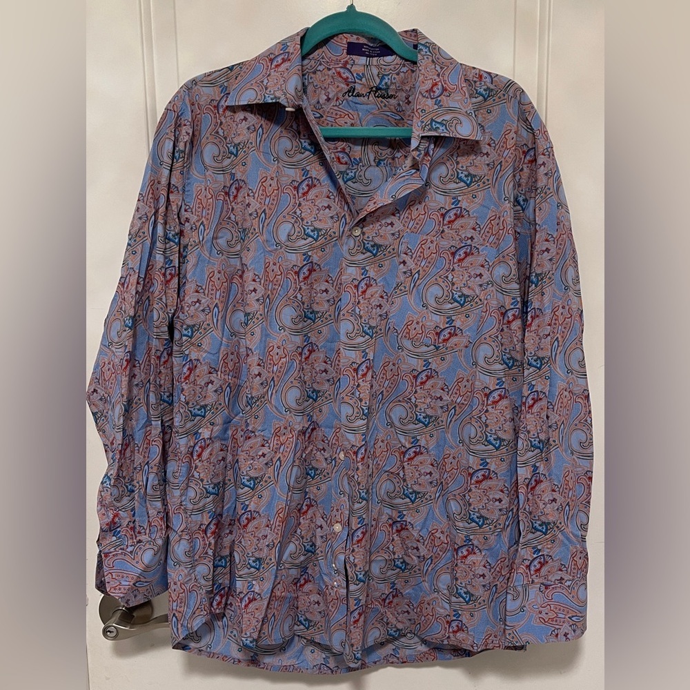 Alan Flusser Men’s Casual Button Down Shirt Blue Paisley 100% Cotton Medium